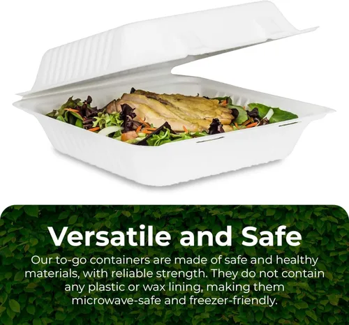 Vista 3 de Contenedores biodegradables para llevar de 9 pulgadas, paquete de 100, cajas compostables para llevar con tapa con bisagras integrada