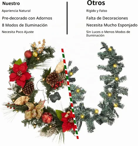 Vista 8 de Guirnalda de Navidad de 6 pies con luces, guirnalda artificial preiluminada de Navidad con conos de pino y flor de pascua, guirnalda de Navidad Oro
