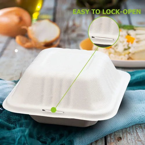 Vista 7 de Green Earth Concha compostable de 6 pulgadas, 100 unidades ecológicas Bagazo natural, cajas para llevar, tapa con bisagras, apta para microondas