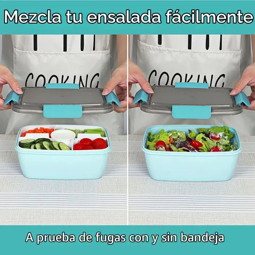 Vista 5 de Caperci Recipiente grande para ensalada para el almuerzo, lonchera Bento para adultos de 68 onzas, bandeja de 5 compartimentos, 2 tazas de salsa