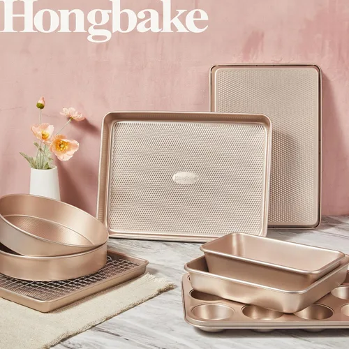 Vista 2 de HONGBAKE Juego de 9 moldes para hornear antiadherentes, apilables no tóxicos con textura de diamante, juego de bandejas para horno para cocinar