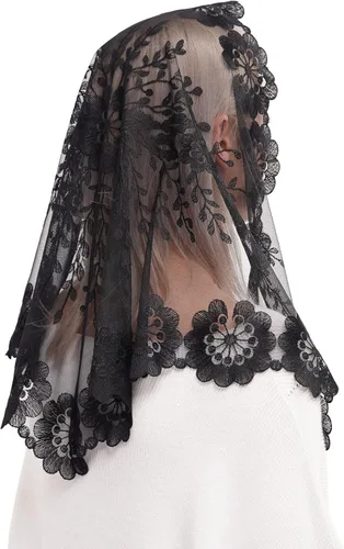 Vista 5 de Mantilla triangular de encaje para cubrir la cabeza de masas latinas velo de encaje grande