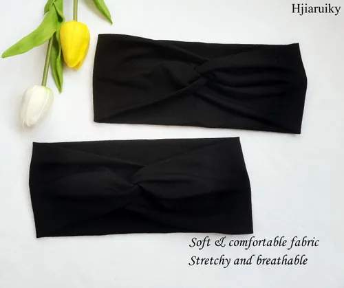 Vista 6 de Hjiaruiky 2 diademas de turbante para mujer, bohemias, elásticas, a la moda, de tela anudada, bonita, gruesa, para mujeres y niñas, color negro
