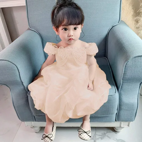 Vista 4 de Vestido de princesa con lentejuelas bordadas con hombros descubiertos y lentejuelas para niñas pequeñas, vestidos de fiesta de dama de honor