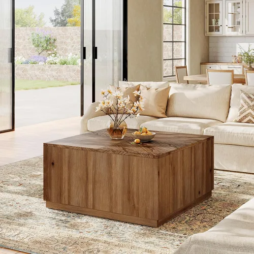 Vista 6 de Mesa auxiliar cuadrada de 31.5 pulgadas para sala de estar, mesa de cóctel central de madera maciza con parte superior de parquet, fácil montaje