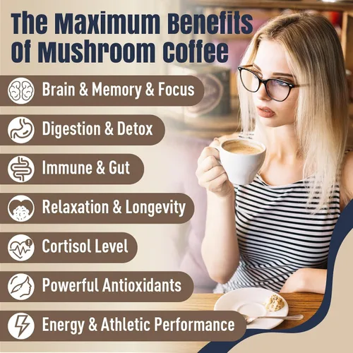 Vista 3 de Café de hongos, 11 hongos superalimentos que incluyen melena de león, reishi, chaga y ashwagandha, café de hongos instantáneo orgánico para energía