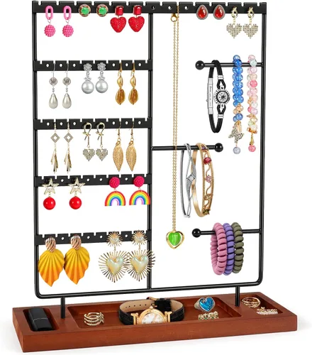 Vista 8 de Godboat Organizador de joyas, organizador de aretes con 44 agujeros, soporte de pulsera de 3 filas y organizador de collares, base de madera