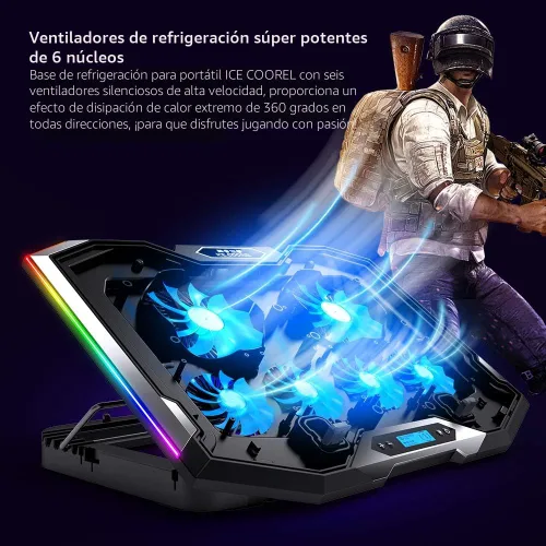 Vista 8 de ICE COOREL Almohadilla de enfriamiento para laptop de juegos de 15-17.3 pulgadas, ventilador para laptop con 6 ventiladores de enfriamiento RGB