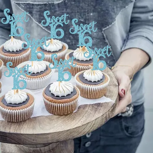 Vista 4 de Ercadio Paquete de 24 adornos azules para cupcakes de 16 cumpleaños, decoración para 16 cumpleaños, aniversario, suministros de fiesta