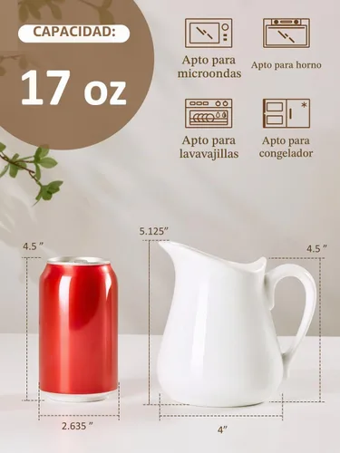 Vista 2 de Jarra de crema de leche de porcelana de 17 onzas con asa, jarra de cerámica blanca