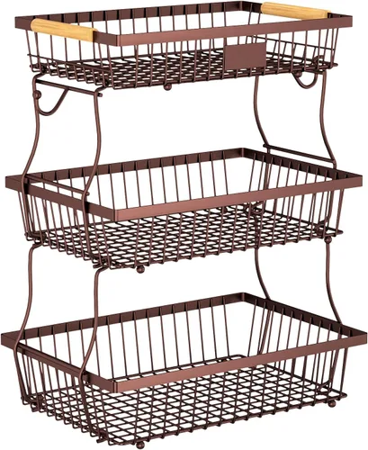 Vista 8 de Cesta de frutas de 2 niveles para encimera de cocina con 2 ganchos para plátanos, cesta de pan de metal para encimera con mango de madera, soporte