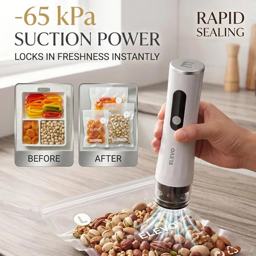 Vista 3 de ELEVO Sellador al vacío de mano para alimentos, sellador recargable de 1800 mAh (500 sellos/carga) con parada automática inteligente, 30 bolsas