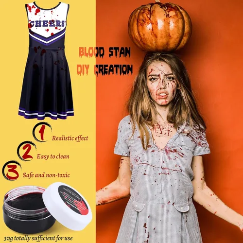 Vista 6 de El juego de 5 piezas de disfraz de animadora zombi incluye vestido, pantimedias, pompones, calcomanías, gel de sangre falsa para niñas, disfraz