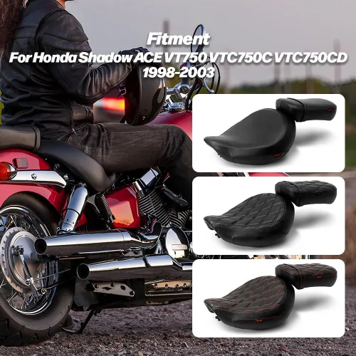 Vista 7 de Asiento de pasajero de motocicleta negro sin patrón compatible con Shadow ACE VT750 VTC750C VTC750CD 1998-2003