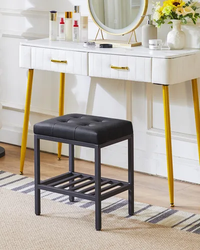 Vista 4 de IBUYKE Taburete de maquillaje rectangular con pies ajustables y espacio de almacenamiento, silla reposapiés, asiento de tocador de PU, multiusos