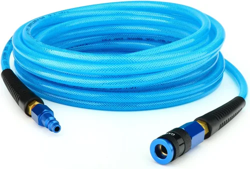 Vista 13 de GASHER Manguera de aire híbrida gris de 3/8" x 50FT, usada para conectar el compresor de aire, conector rápido industrial de 1/4" y enchufe