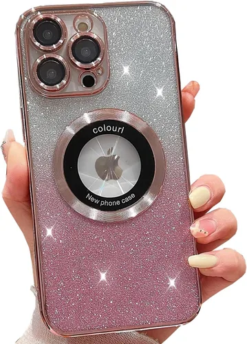 Vista 12 de Funda magnética con purpurina para iPhone 13 Pro Max, compatible con MagSafe con protector de cámara, logotipo suave, de lujo, linda, para mujeres