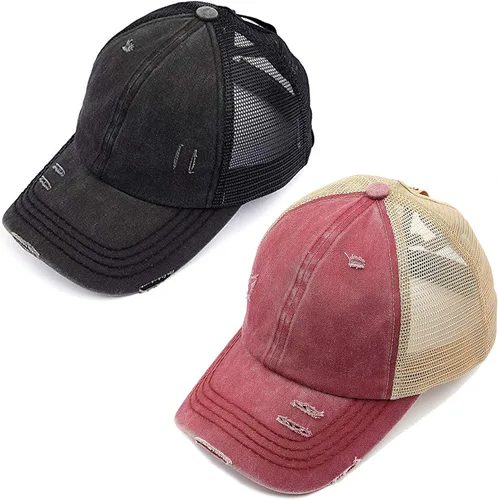 Vista 121 de Funky Junque - Sombrero de cola de caballo para mujer, gorra de béisbol con ajuste ajustable y cola de caballo alta cruzada para uso diario Paquete