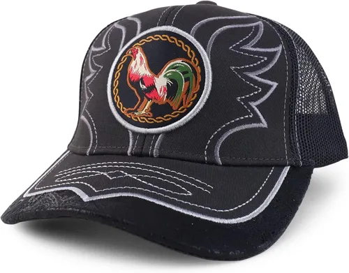 Vista 7 de Trendy Apparel Shop Gorra de béisbol bordada de malla de camionero con gallo Negro Negro