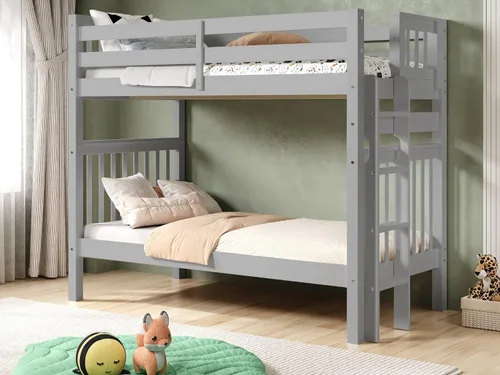 Vista 13 de Bedz King Literas altas de tamaño individual sobre individual, estilo Mission con escalera lateral y 2 cajones debajo de la cama, color cereza oscuro