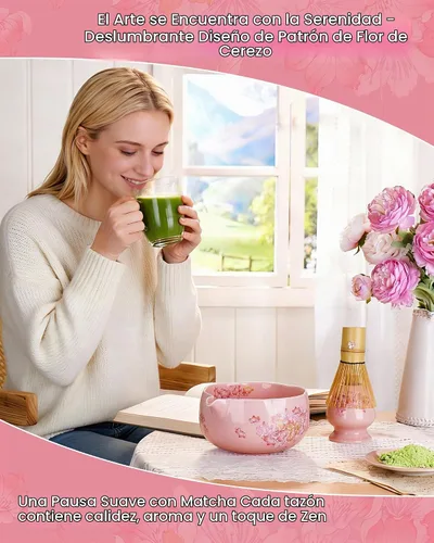 Vista 7 de Juego de batidor de matcha, juego de 6 piezas de matcha que incluye un tazón grande de matcha, batidor de bambú y cuchara con bonito encanto