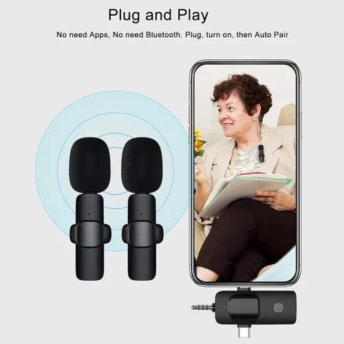 Vista 5 de Mini micrófono, micrófono inalámbrico 3 en 1 para iPhone, iPad, Android, cámara, micrófonos de solapa inalámbricos profesionales para grabación