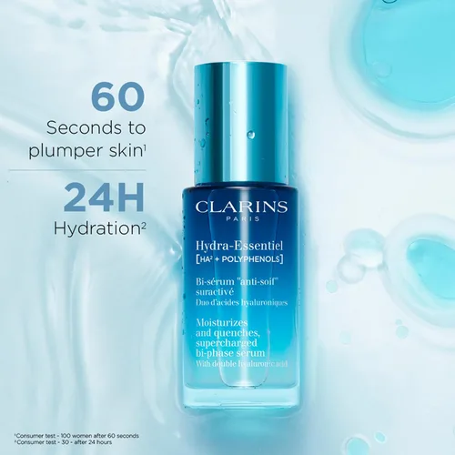 Vista 2 de Clarins Hydra-Essentiel - Suero facial bifásico Suero hidratante intenso 60 segundos para piel regordeta Hidratación 24 horas Doble dosis