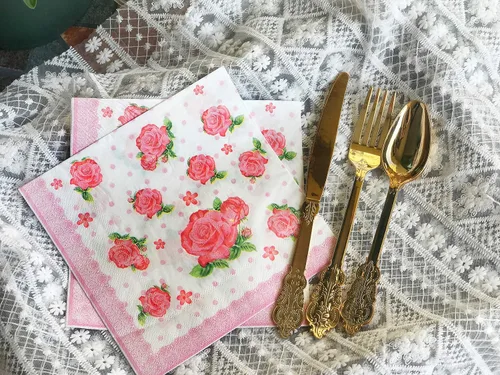 Vista 3 de WallyE Servilletas con estampado floral de menta y rosa roja, papel decoupage para despedida de soltera, fiesta de té, cumpleaños o boda, paquete