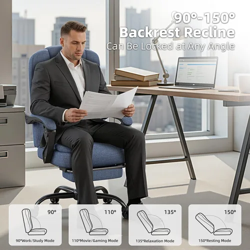 Vista 8 de Silla de juegos con reposapiés, silla de oficina ergonómica reclinable de 90° a 150°, silla de escritorio ajustable con reposabrazos de Tela azul