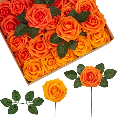 Vista 13 de InnoGear Flores artificiales, paquete de 50 unidades, rosas artificiales de espuma negras con tallos a granel para decoración, ramos de boda DIY