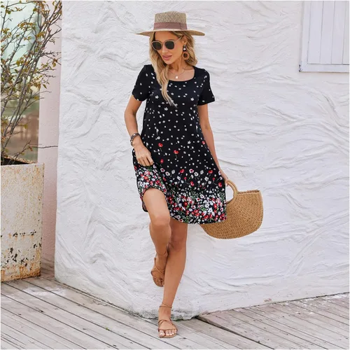 Vista 6 de Sherosa - Vestido de verano sin mangas o con manga corta, estampado floral, con bolsillos, casual, suelto, con vuelo, vestido estilo camiseta
