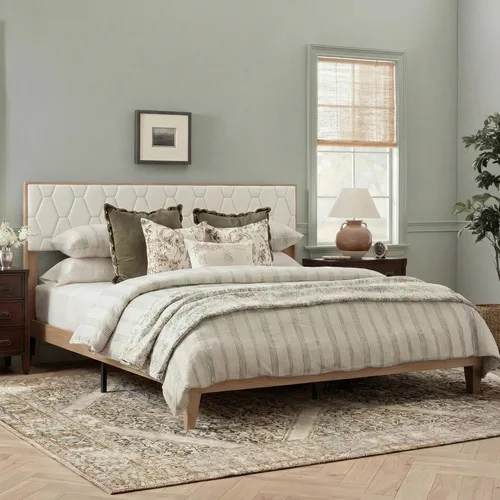 Vista 3 de Brafab Base de cama tamaño King, marco de cama de madera con cabecera de terciopelo copetudo de diamante, plataforma de madera con cabecera