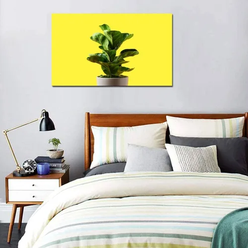 Vista 2 de Cuadro impreso en lienzo para pared, pintura de una hoja de violín, higos o ficus lyrata con hojas verdes brillantes grandes enmarcadas y estiradas