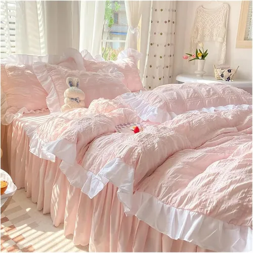 Vista 9 de ADovz Juego de ropa de cama con volantes y encaje, falda de cama para mujer, color sólido, tamaño Queen, juego de funda de edredón para cama doble