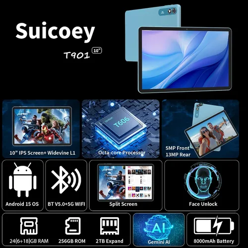Vista 8 de Tablet Android 2026 de 10 pulgadas, tableta Android 15 con teclado, 24 GB+256 GB+2 TB expandir, tabletas 2 en 1 con Gemini AI, 8 núcleos, 8000 mAh