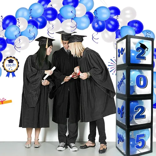 Vista 3 de Decoraciones azules para fiestas de graduación 2026, cajas de globos de graduados – 4 cajas de globos negros con 4 cuerdas de luz y letras 2026 Grad