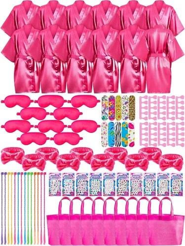 Vista 7 de Xuhal 92 piezas de recuerdos de fiesta de spa para niñas, suministros de fiesta de pijama, batas de satén para niños, fiestas de pijamas con bolsas