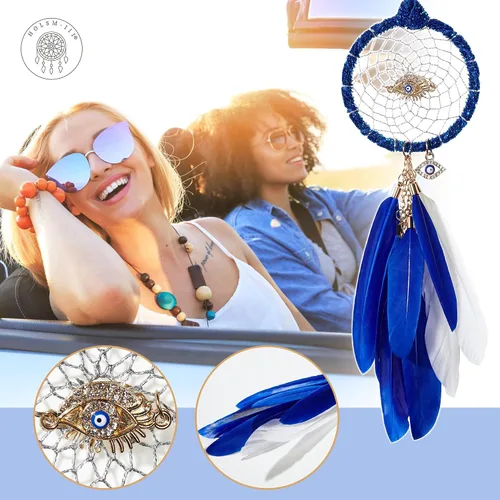 Vista 2 de Mini atrapasueños – Mal de ojo con pluma de ganso, franela violeta azulado, pequeño atrapasueños hecho a mano para dormitorio, un atrapasueños