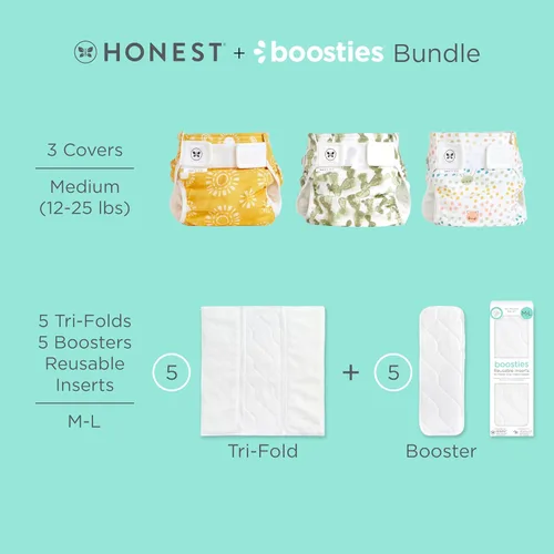 Vista 2 de Honest Hybrid - Funda para pañales de tela + inserciones reutilizables Super Boosties, tamaño mediano (12-25 libras), fundas de muselina de algodón