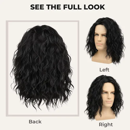Vista 4 de Peluca ondulada corta negra con raya media para hombre, disfraz de cosplay Negro