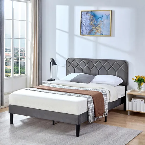 Vista 5 de VECELO Base de cama tamaño Queen con plataforma tapizada de cuero de alta calidad con cabecera ajustable en altura / base de colchón, soporte