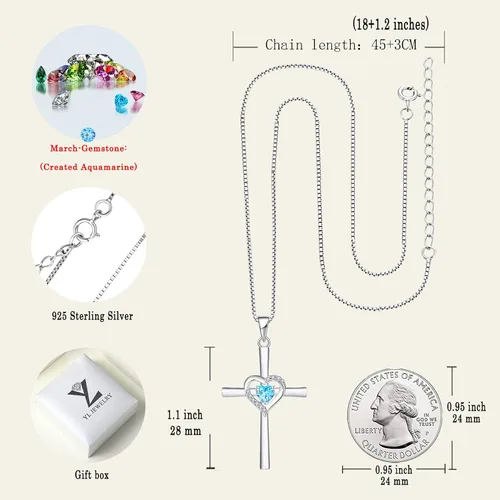 Vista 6 de YL Collar de cruz de corazón de plata de ley con colgante de crucifijo de gemas para mujer