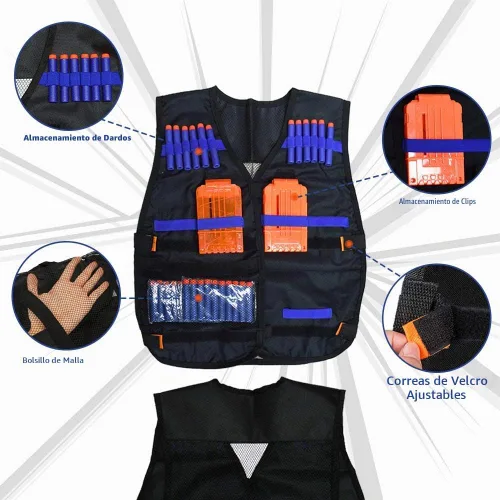 Vista 3 de Kit de chaleco táctico para niños para pistolas Nerf de la serie N-Strike Elite, con 40 dardos de recarga, 2 clips de recarga, bolsa de dardos