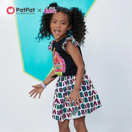 Vista 4 de L.O.L. Surprise! Girls Skirt Set 2Pcs Kid Girl Graphic Print Tie Knot Ruffle Sleeve Cotton Tee and Allover Print Skirt Set