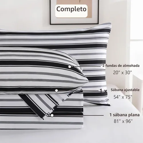 Vista 8 de MCO Juego de sábanas a rayas de 4 piezas, juego de sábanas Full transpirable con bolsillo profundo de 16", moderno y lujoso, juego de ropa de cama