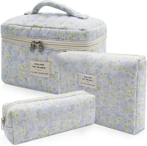 Vista 10 de Juego de bolsas de maquillaje, bolsa de maquillaje acolchada, bolsa grande para cosméticos florales para mujer, bonitas bolsas de maquillaje