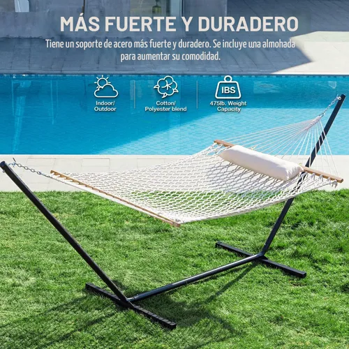 Vista 3 de PNAEUT Hamaca de doble cuerda con soporte incluido, soporte resistente de 12 pies, hamacas tradicionales de cuerda de algodón para 2 personas