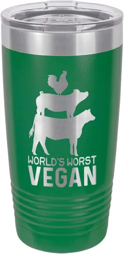 Vista 14 de Taza de viaje con pajita grabada a láser con citas de barbacoa, de la marca World's Worst Vegan, de 20 onzas, para comparar con Yeti Rambler