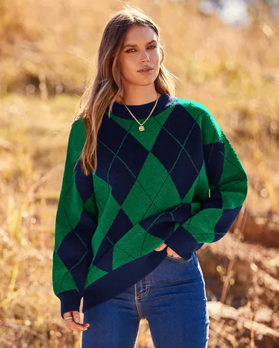 Vista 3 de BTFBM Suéter de punto de manga larga con rombos para mujer, cuello redondo, casual, manga larga, suéter de punto para otoño e invierno