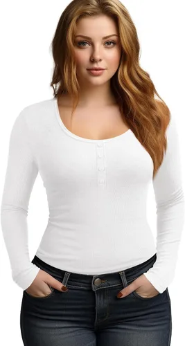 Vista 2 de Camisetas Henley de manga larga para mujer, de punto acanalado, ajustadas, con cuello redondo, con botones elásticos